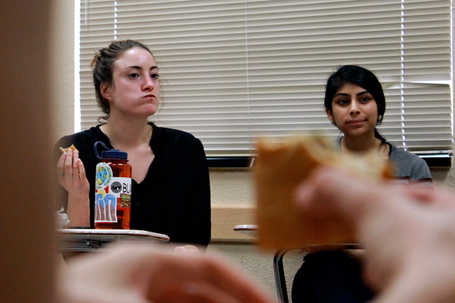 Students attend the Educated Eater lunch, hosted by the Food Studies Project and Slow Food Texas, on Friday afternoon. These two groups aim to combine the enjoyment of food along with educational discussion of food issues by hosting free bi-weekly social lunches. 